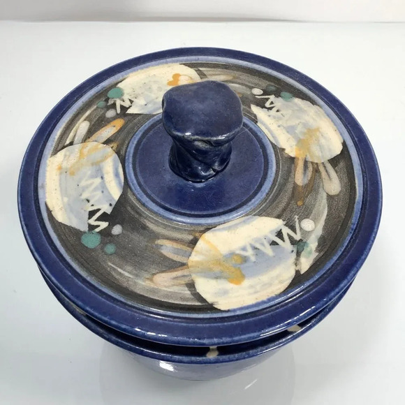 Frog Valley Artisans Handmade Blue Glazed Pottery Pot with Lid - Picture 2 of 9
